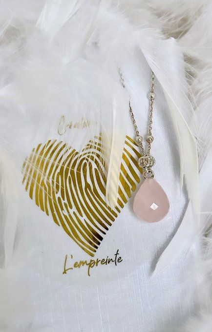 Goutte de Quartz Rose à facettes - Argent - Chaîne 40 centimètres + chaînette d’extension