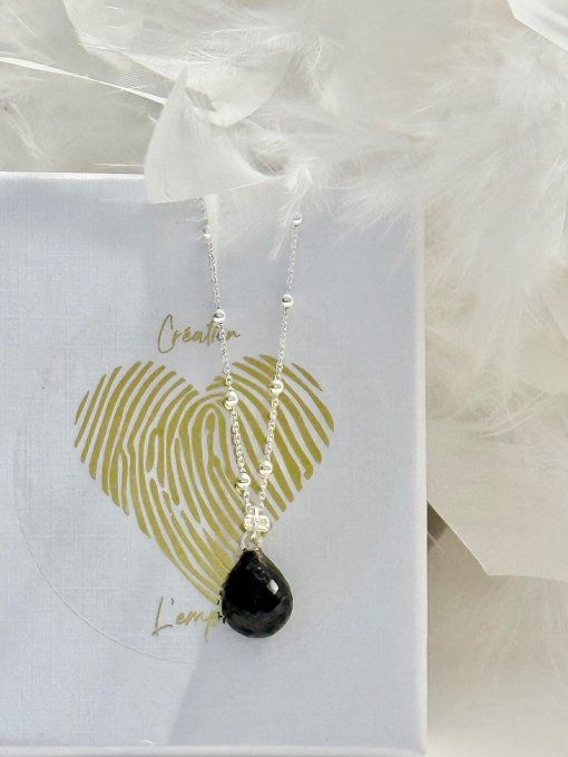 Goutte facettées Onyx - Chaine Argent 40 cm + Chainette d’extension 5 cm