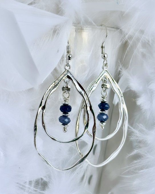 Agate Bleue à facettes - Boucles acier inoxydable - Apprêts et crochets de boucles d’oreilles Argent